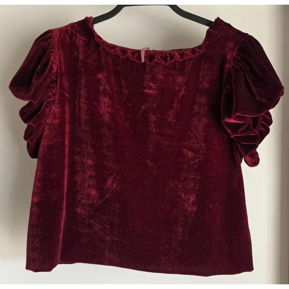 Free People XS Blouse Burgundy Velvet Short Sleeve Boxy Boho Top Whimsigoth